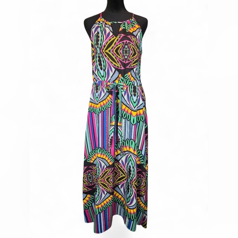 Collective Concepts Halter Maxi Dress Multicolor Lined Geometric Abstract Size M